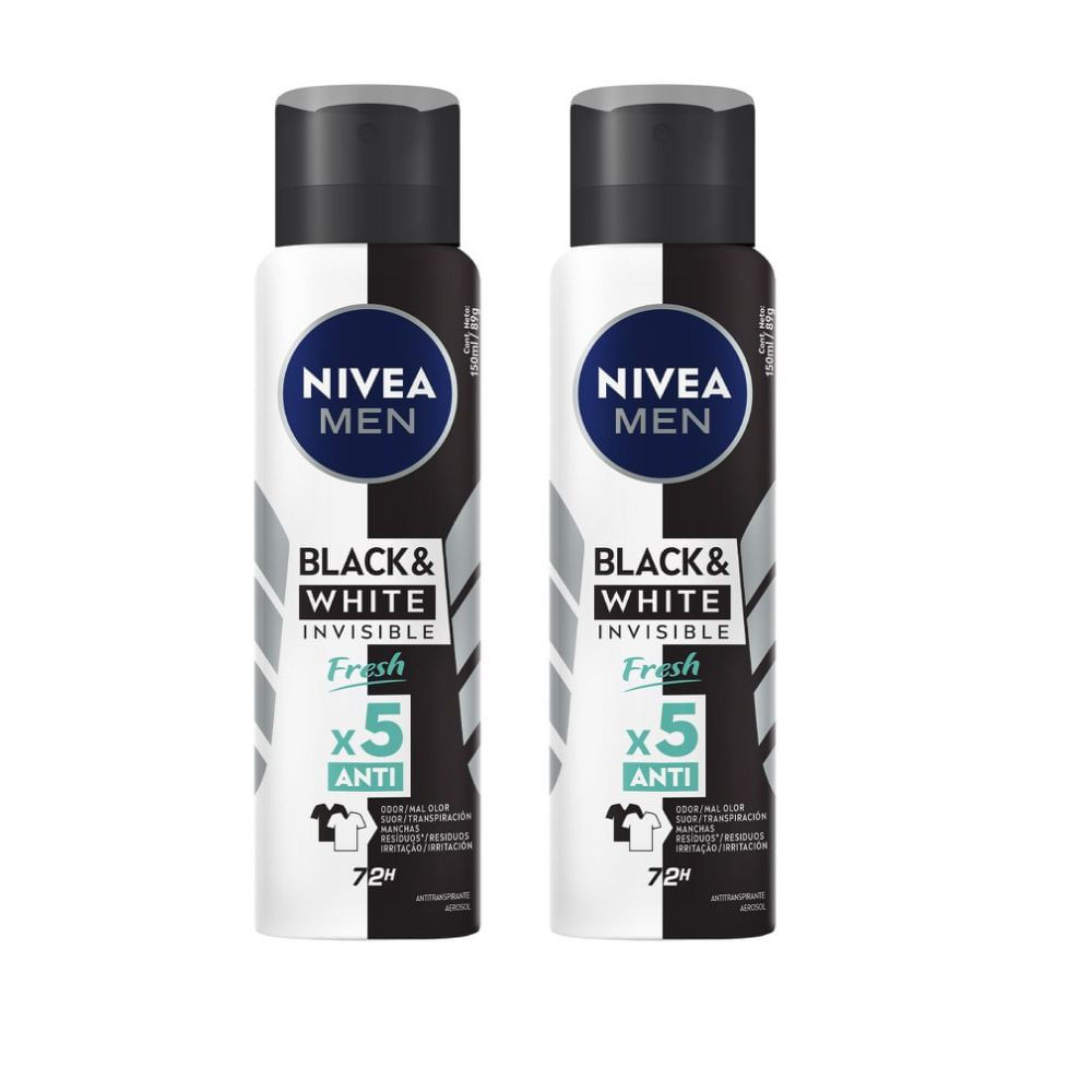 Kit 2 Desodorante Antitranspirante Aerosol Nivea Men Invisible Black & White Fresh 150ml - Beauty