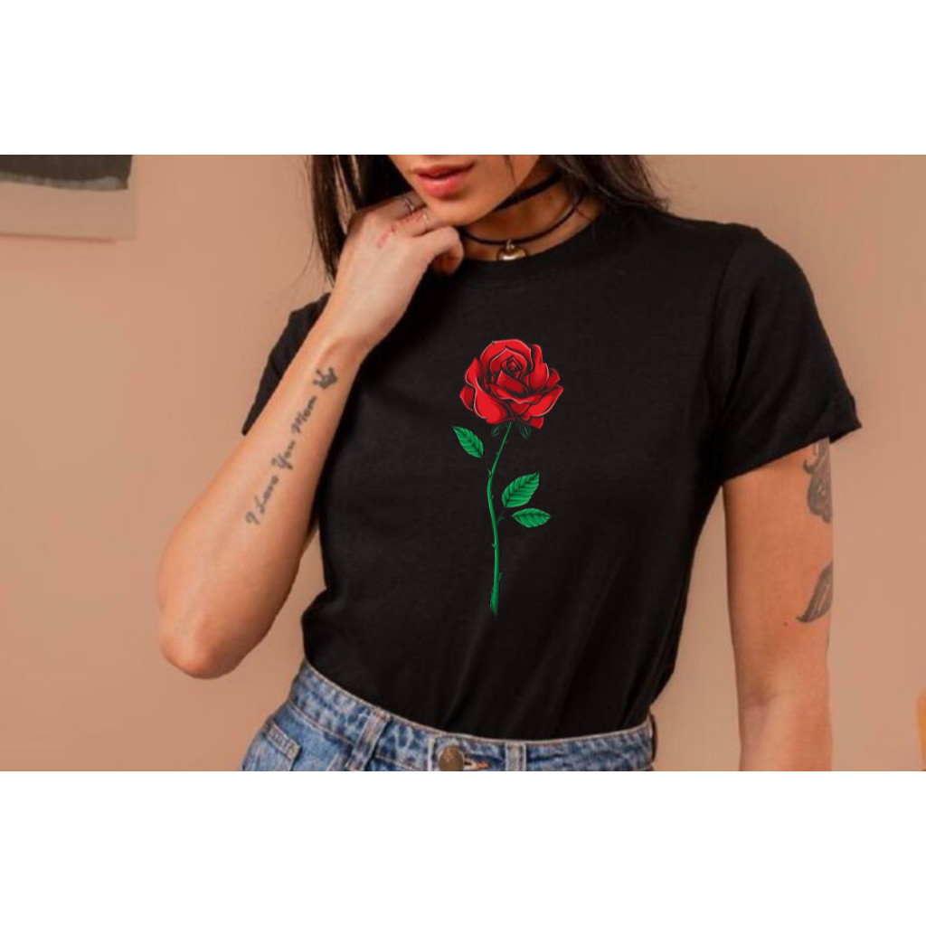 Camiseta Básica Feminina 100% Algodão Rosa Vermelha Feminina Lançamento 2025 Envio Rápido