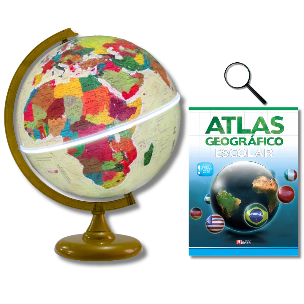 Globo Terrestre Físico Histórico Ouro Velho Com Luz LED 30cm + Atlas Geográfico + Lupa
