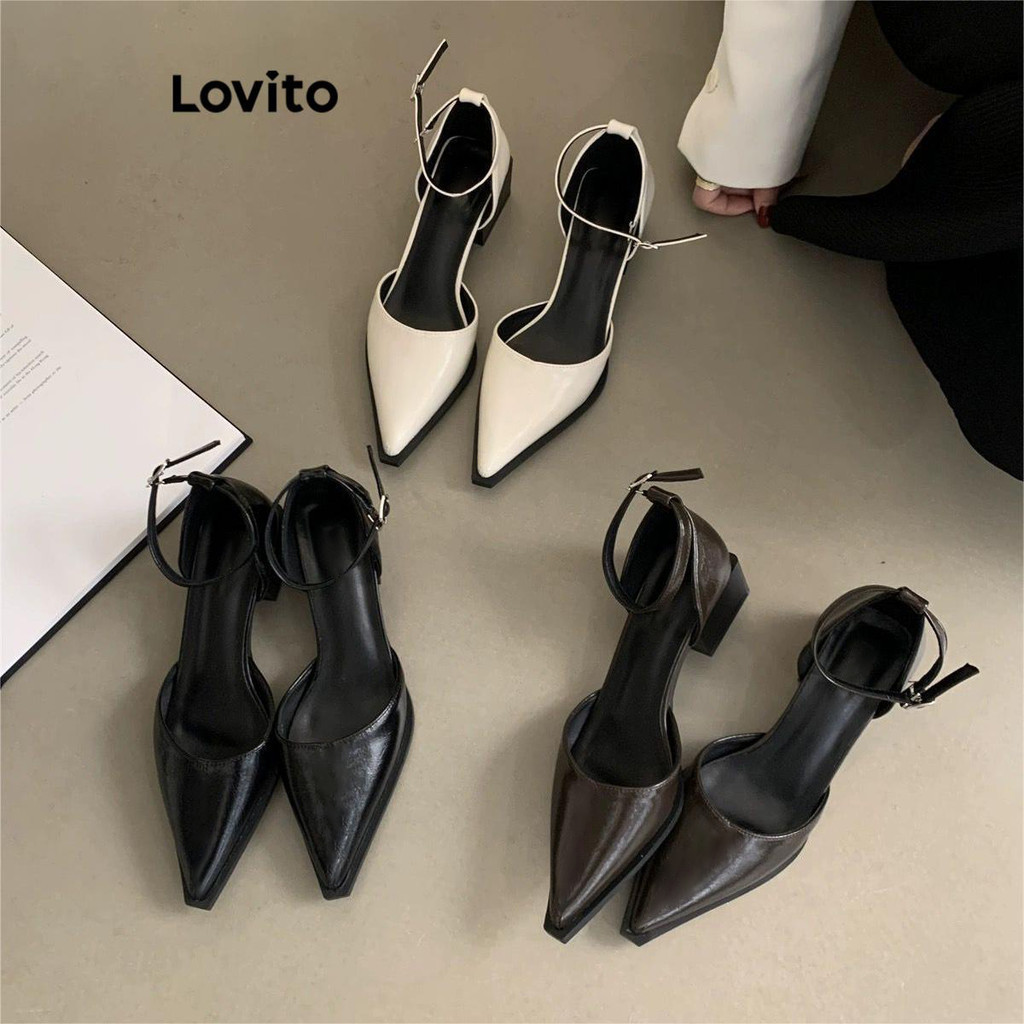 (Trendy) Lovito Vintage liso francês pontiagudo nicho Design salto preto e branco para mulheres  LFA65312 - Women Shoes