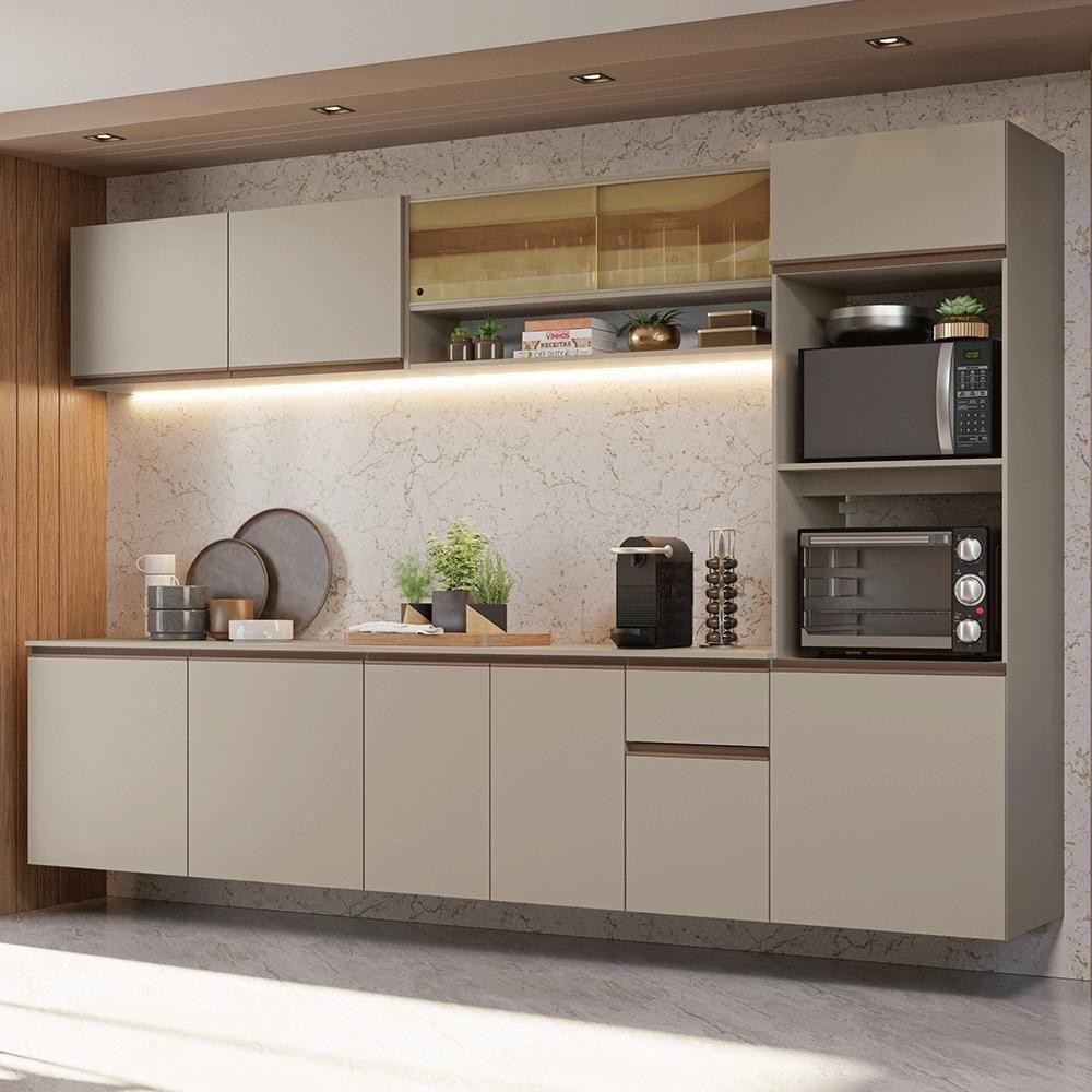 Armário De Cozinha Completa 300 Cm Suspenso Nice Madesa 03 Crema