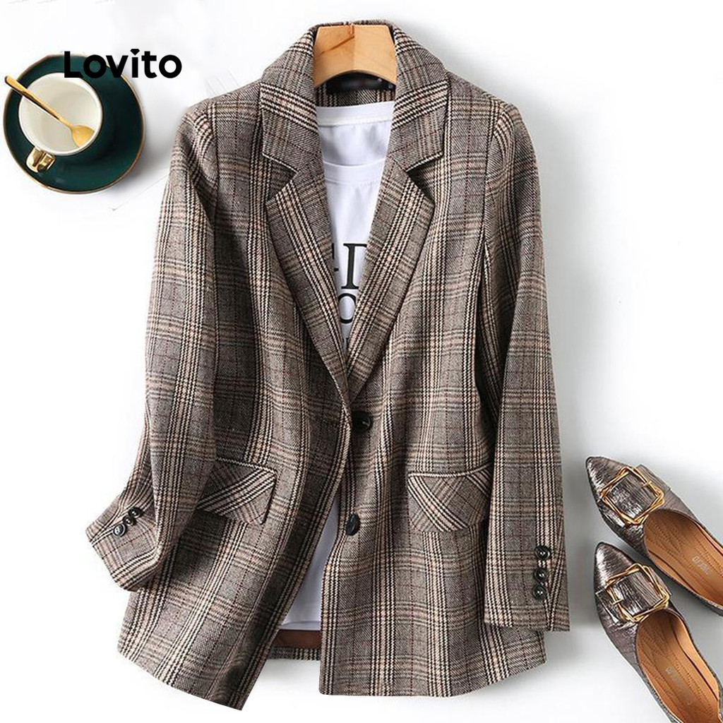 Lovito Blazer Casual com estampa de guingão para mulheres LNL101621 - Women Clothes