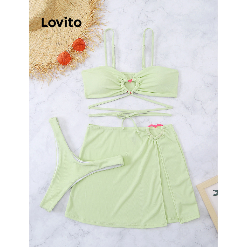 (Trendy) Lovito Biquíni Amarração Frontal e Detalhes em Renda para Mulheres LNL36048 (Verde Claro/Rosa Choque/Azul) - Sports & Outdoors