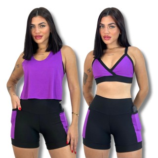 KIT 3 Peças Short com Bolso Top e Blusa Baby Look Dryfit Fitness Conjunto Academia em Oferta na Shopee
