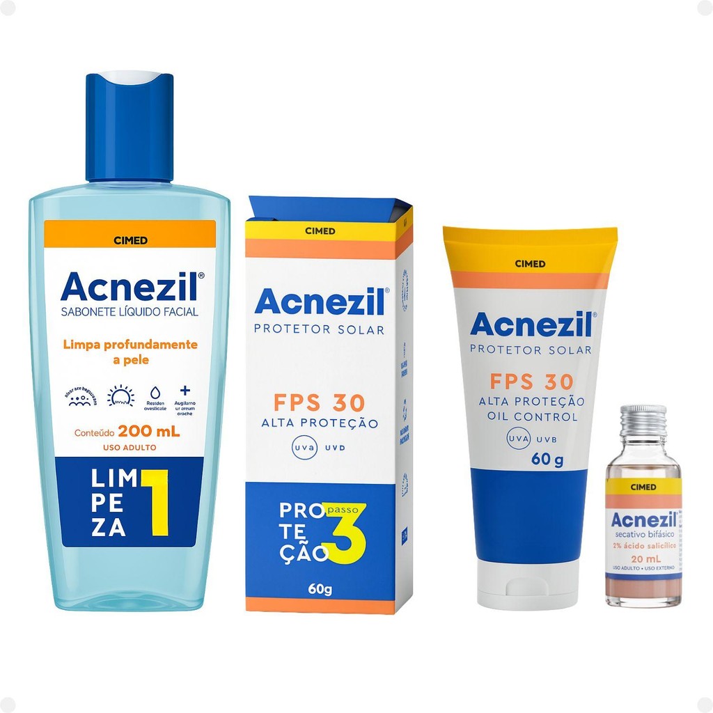 Kit Cimed Acnezil: Sabonete Líquido, Protetor Solar FPS 30 e Secatico Bifásico