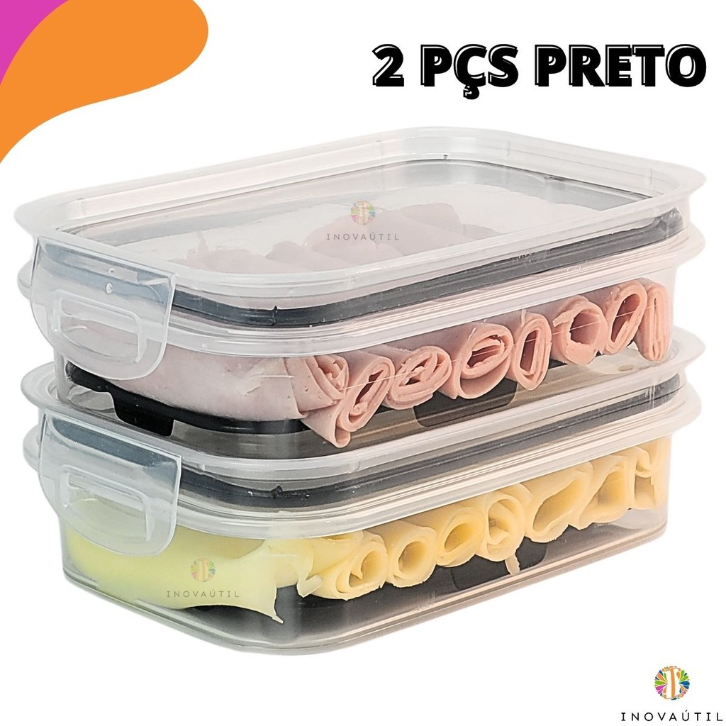 Porta Frios 2 Peças 500ml Tampa Hermética Borracha de Vedação Preta Queijo Presunto Mortadela