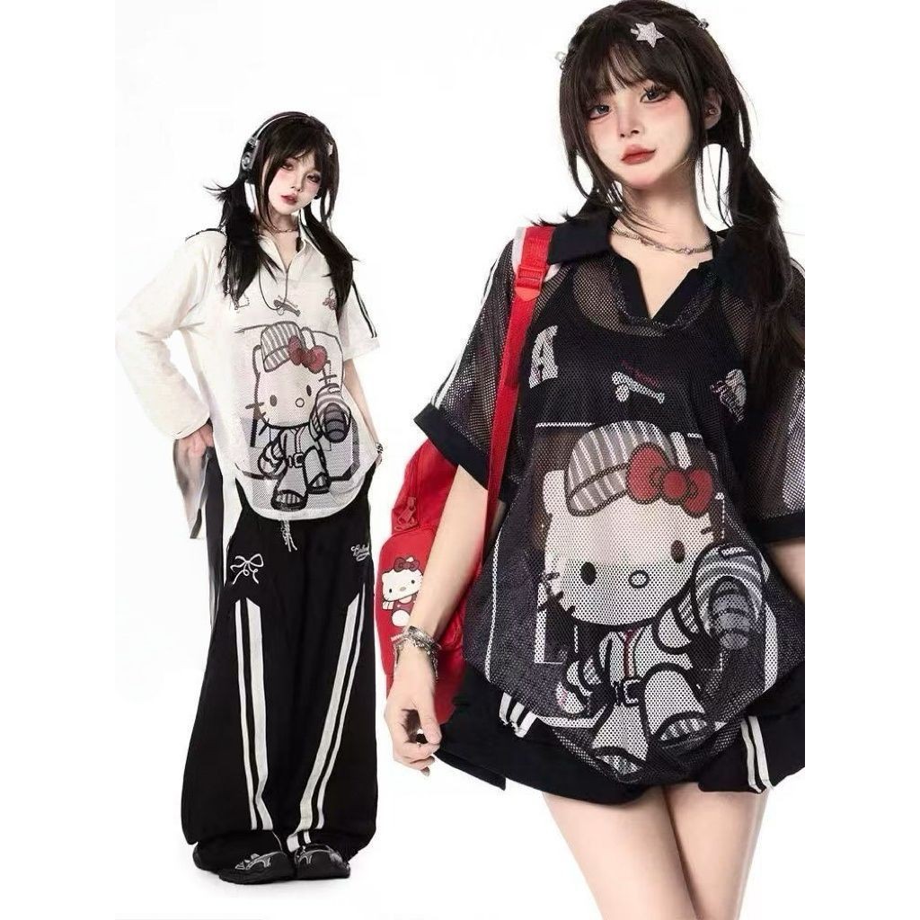 American Retro Spicy Girl Hello Kitty Camiseta De Manga Curta Estampada Para Mulheres Verão Malha Oca Top Solto