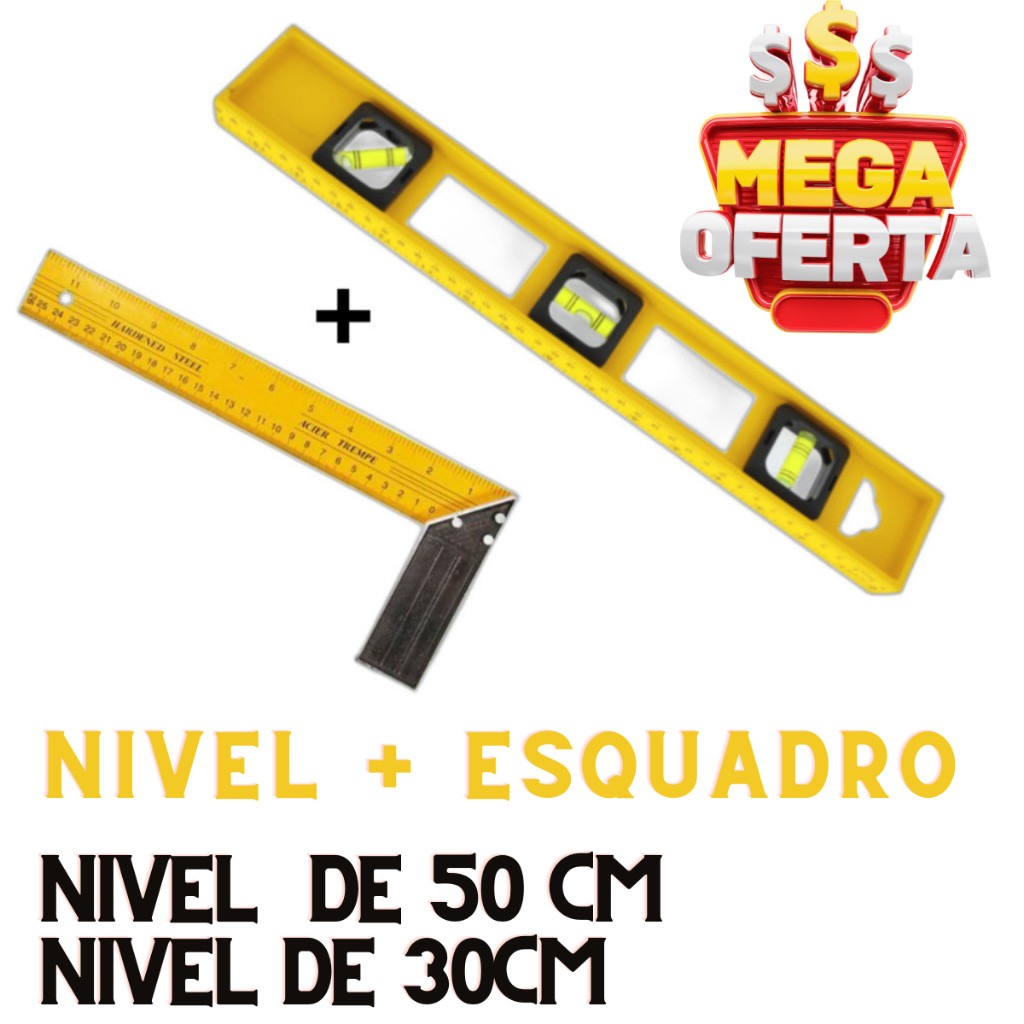 Esquadro Régua Carpinteiro Pedreiro Metálico Aço  Kit Profissional e Nível Polímetro Pedreiro em Oferta na Shopee