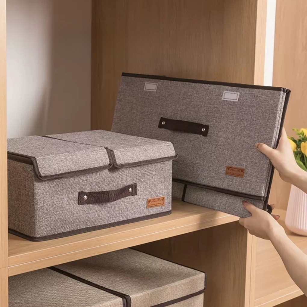 Caixa Organizadora Dobrável 50x25x29cm com Tampa – Tecido Resistente p/ Armário e Roupas em Oferta na Shopee