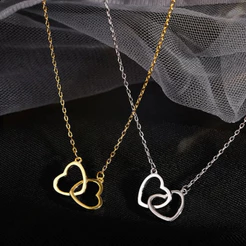 Colar Feminino Duplo Coração Banhado a Ouro / Prata Presente Romântico Delicado Moda Casual e Festa