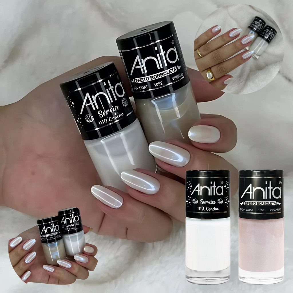 Kit 2 Esmaltes Anita Concha Branco + Top Coat Efeito Borboleta Unhas Manicure em Oferta na Shopee