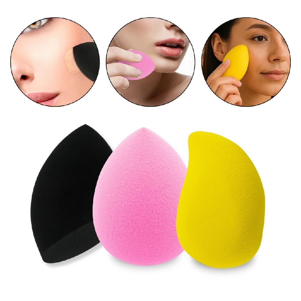 Kit 3 Esponjas Maquiagem Base Manga + Gota + Chanfrada Make Base Corretivo Pó Blush Rosto Esponjinha