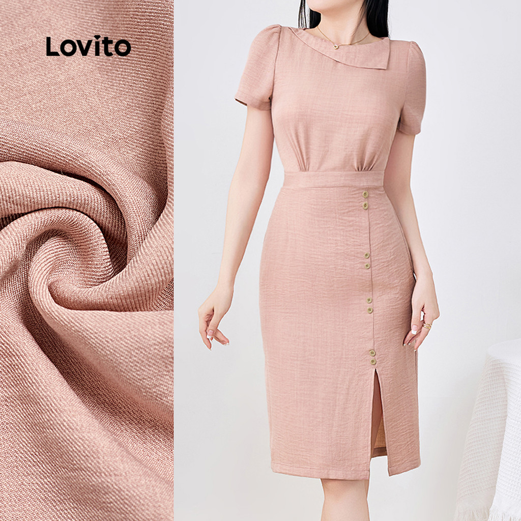 (New) Lovito Vestido Elegante Assimétrico com Botões Primavera/verão Vestido Rosa para Mulheres L142LD565 em Oferta na Shopee
