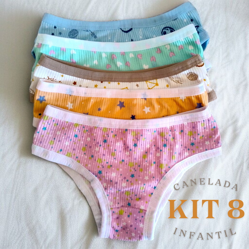 Kit 8 Calcinha Infantil Menina Moça Canelada Algodão Estampada Confortável 4 a 10 Anos