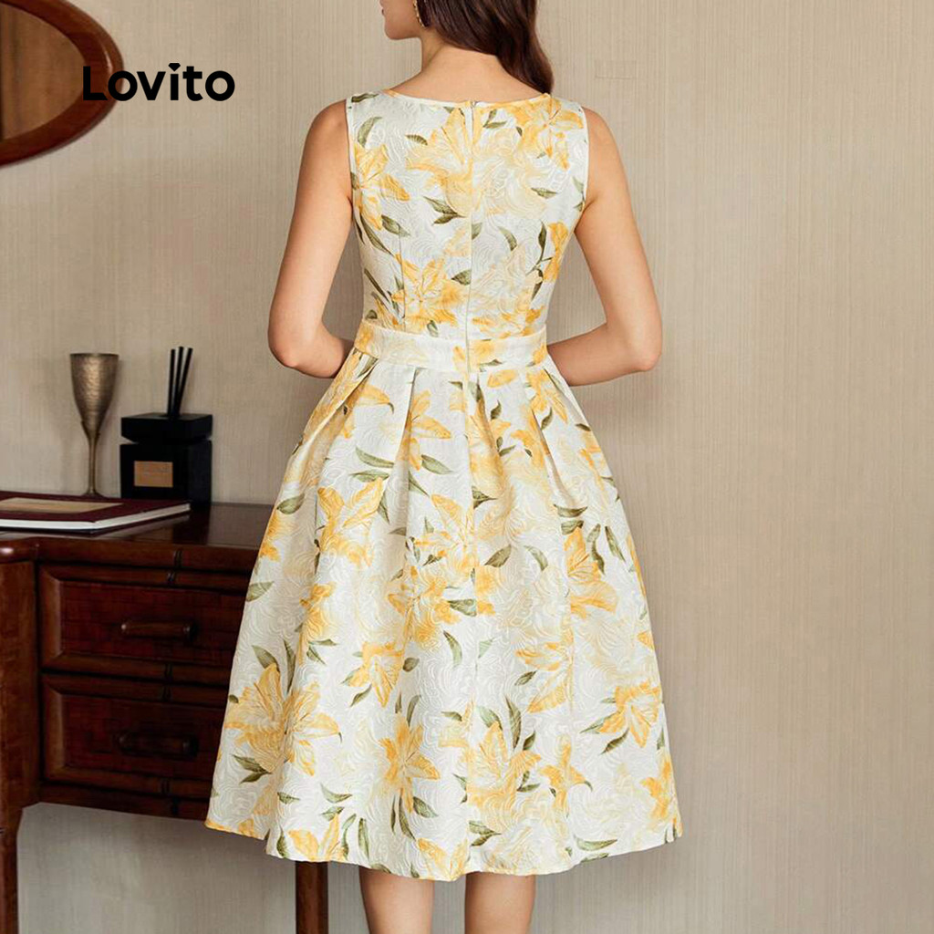 Detalhes do (New Lovito) Vestido Elegante de Primavera/verão para Mulheres com Flores L143ED391