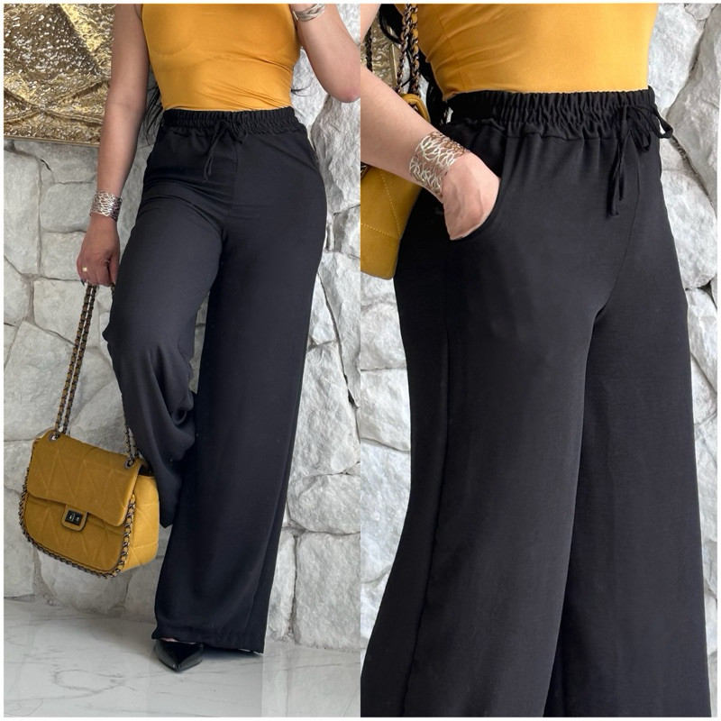 Calça Pantalona Feminina Para Trabalhar Com Cordão e Bolso na Cintura Alta Calca  Wide Leg em Oferta na Shopee