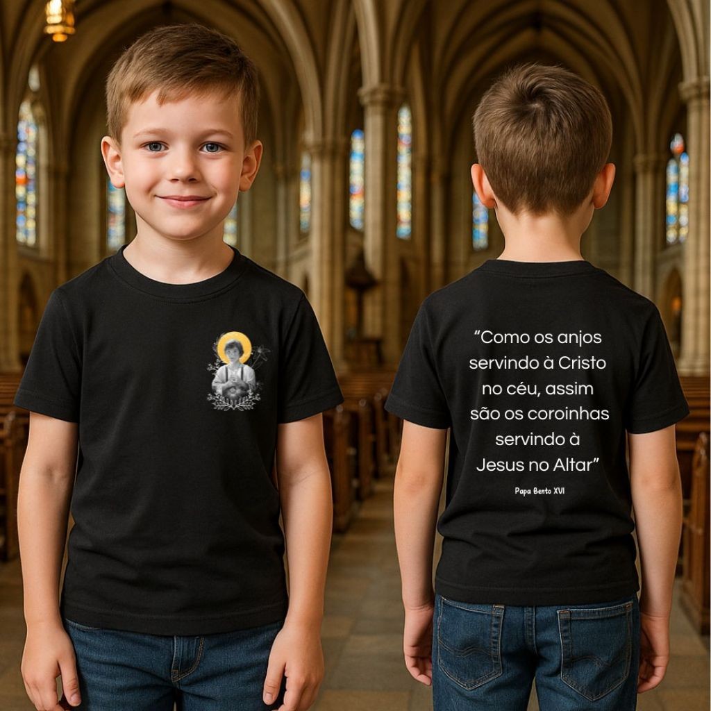 Camiseta Coroinha Católico | São Tarcísio | Frente e Costas - Unissex - 100% Algodão - Tam 2 ao GG
