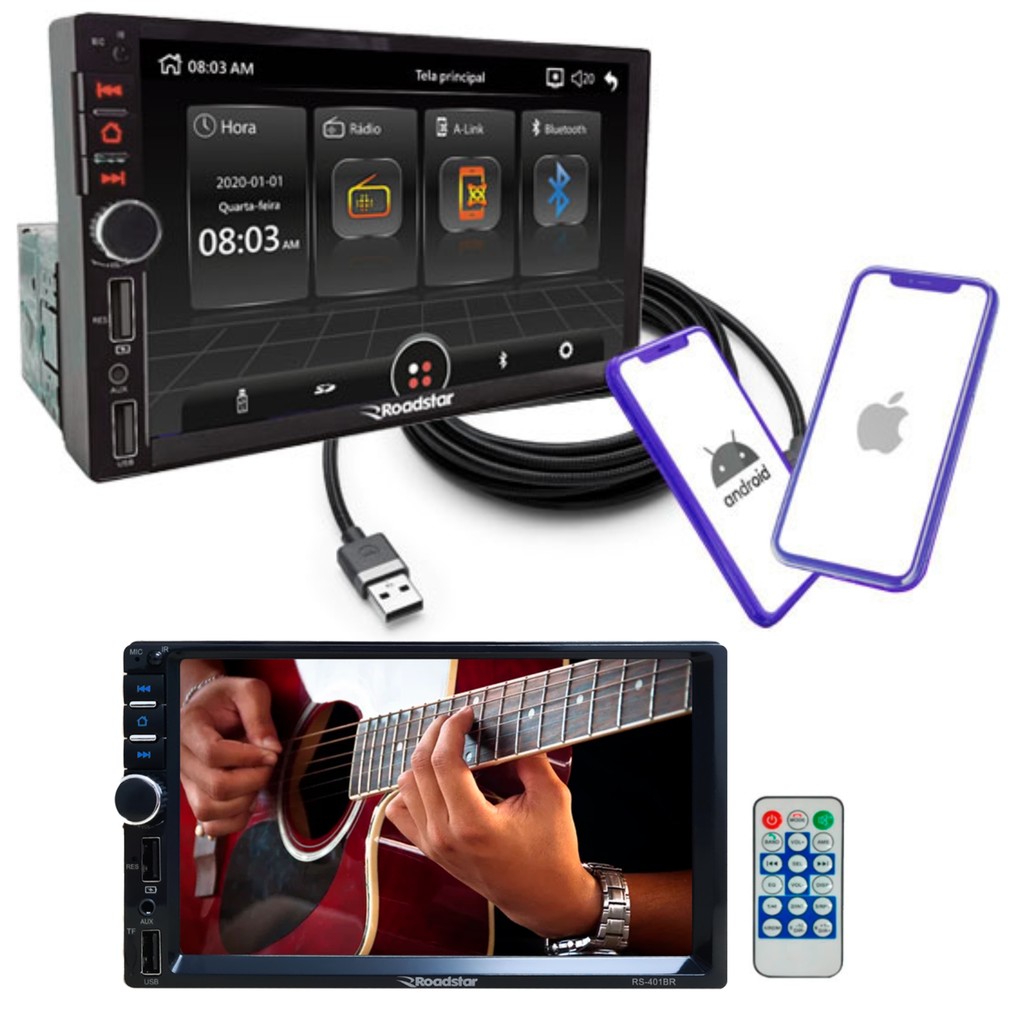 Kit Multimídia 2 DIN MP5 Roadstar 7 Polegadas Full Touch + Moldura Gol/Voyage/Saveiro G6 + Chicote e Câmera de ré