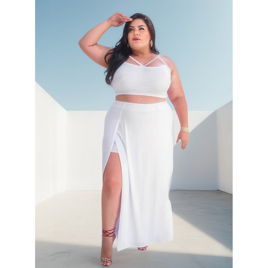 Conjunto DIVO Saia Longa Com ABERTURA Shorts Por Baixo + Top Plus SIZE Lindo