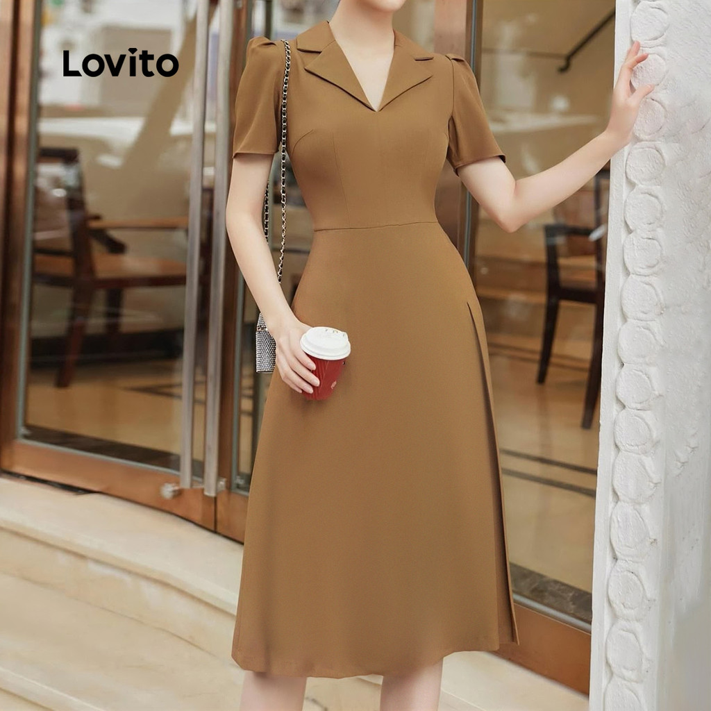 Detalhes do Lovito Vestido Casual Aismétrico Primavera/verão para Mulheres em Cor de Castanho L142ED759