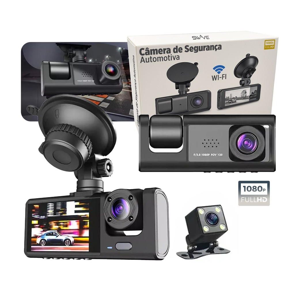 Câmera Veicular Automotiva Gravadora Para Carro 3 Câmeras Frontal Interna E Traseira 1080p Full HD