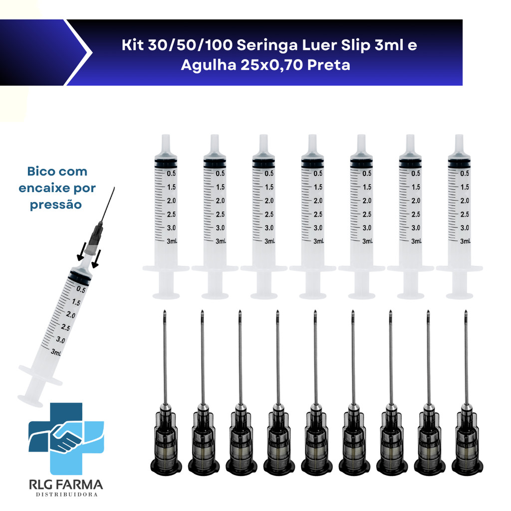 Kit Seringa e Agulha Luer Slip 3ml 25x0,70 Preta 30 50 100 Descartável Hipodérmica em Oferta na Shopee