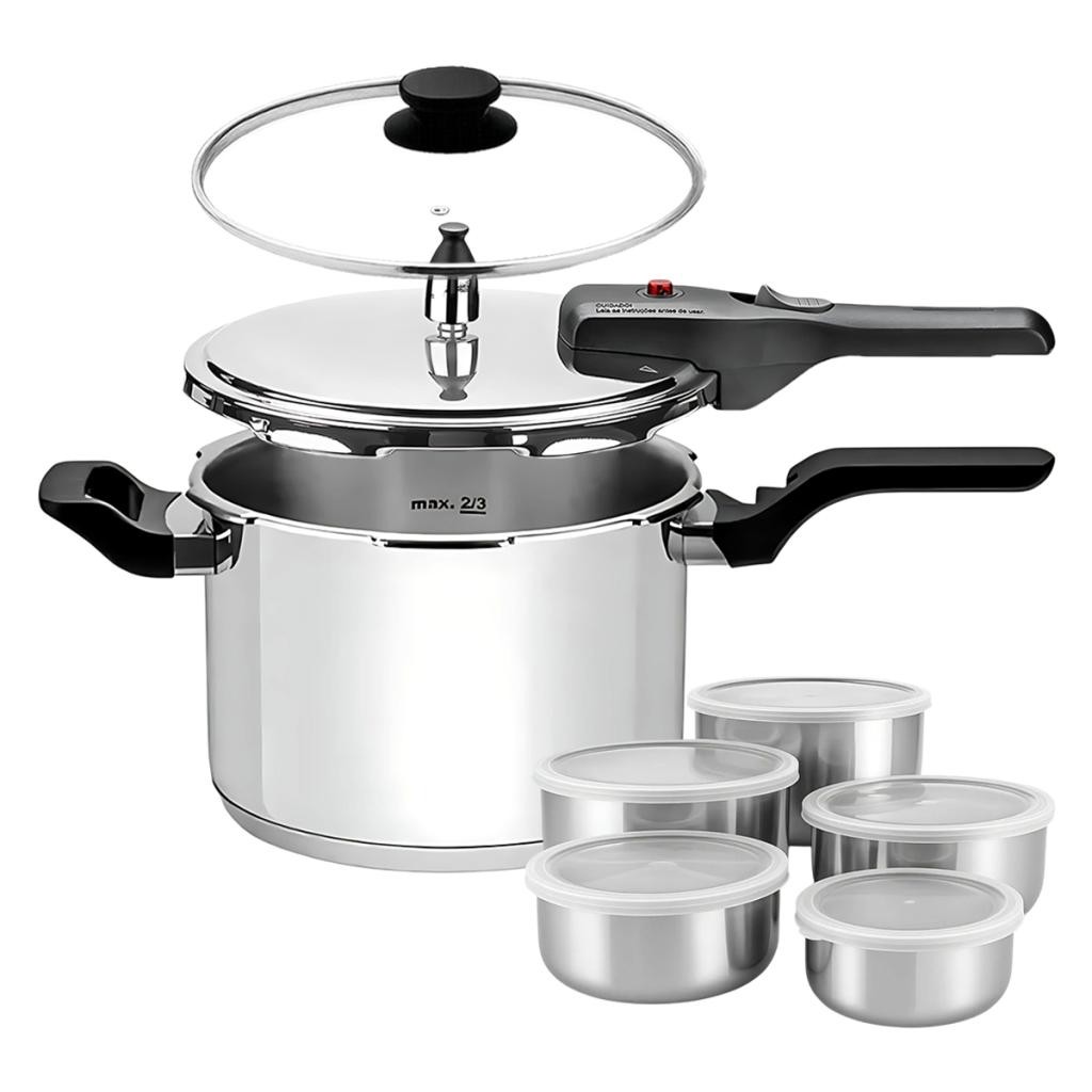 Panela de Pressão 2 em 1 Tramontina Brava 4,5L Inox Fundo Triplo Indução Jogo de Potes Inox 6 Peças