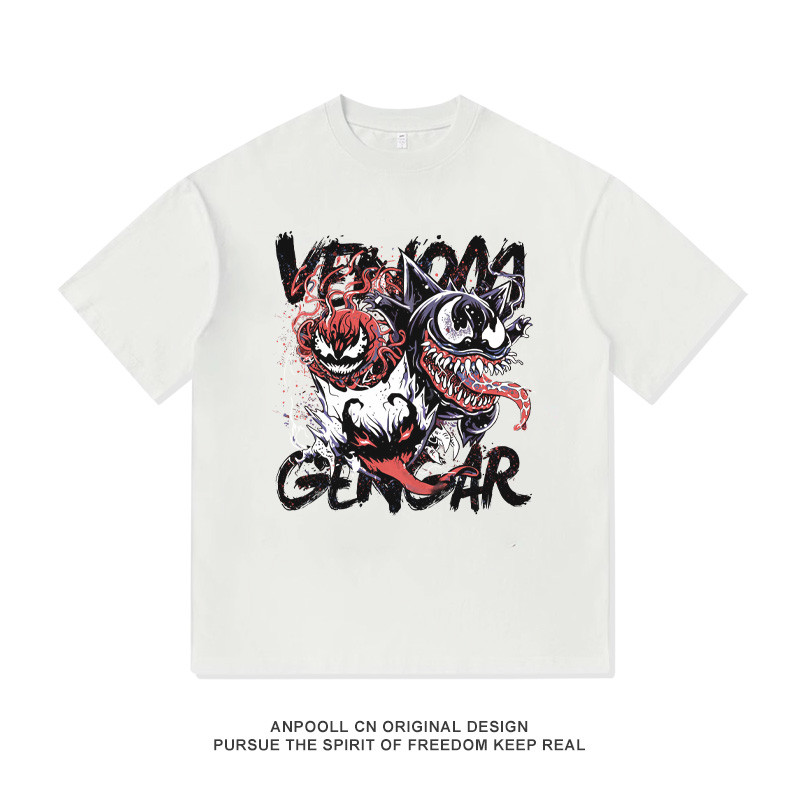 BEAST FASHION 2025 Novo Camiseta de Manga Curta Casual Masculina com Estampa Crossover Venom e Gengar
