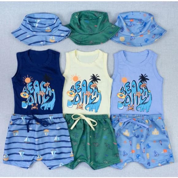 Kit Verão Bebê: Regata Estampada 100% Algodão, Bermuda e Chapéu Bucket - Conforto e Estilo para Meninos até 12 meses
