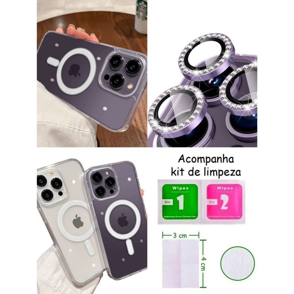 M Capa Magnética Magsafe Transparente Para + Kit Lente Película De Câmera Diamante Para iphone11 12 13 14 15 1617promax em Oferta na Shopee