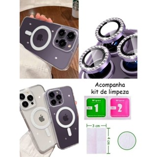 M Capa Magnética Magsafe Transparente Para + Kit Lente Película De Câmera Diamante Para iphone11 12 13 14 15 1617promax em Oferta na Shopee