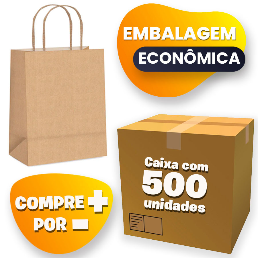 Sacola de Papel G 32x26,5x13cm - Kraft - Embalagem Econômica  - 500 unidades - Cromus - Rizzo