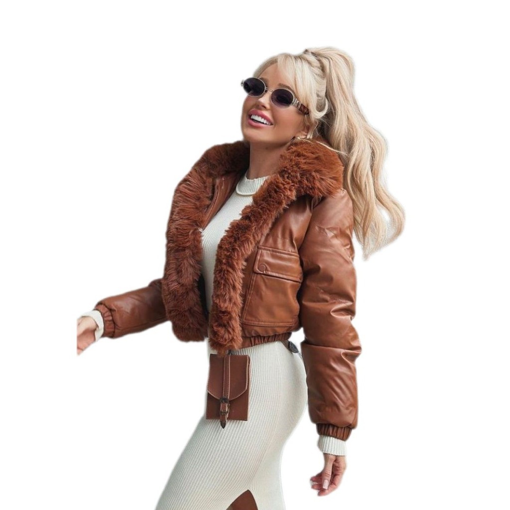 Jaqueta Puffer Couro Pu Peluciada Feminina