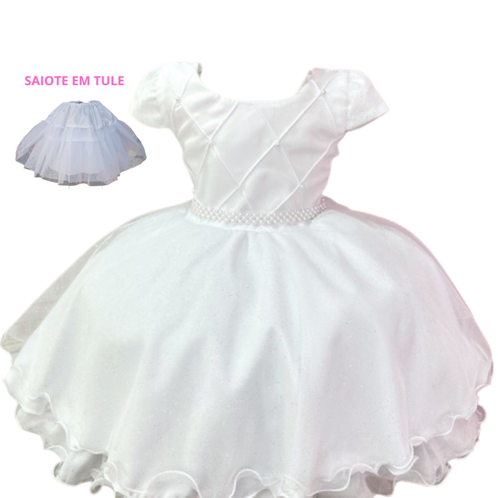 VESTIDO BRANCO BATIZADO  COM PEROLAS E SAIOTE EM TULE TAMANHO 1 AO 4 LE034