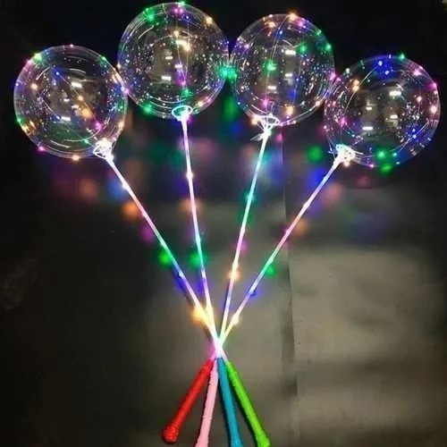 Kit 10 Balão Bubble Bobo Transparente 24 Polegadas com Led + Varetas Transparentes 60cm - Festas Decoração