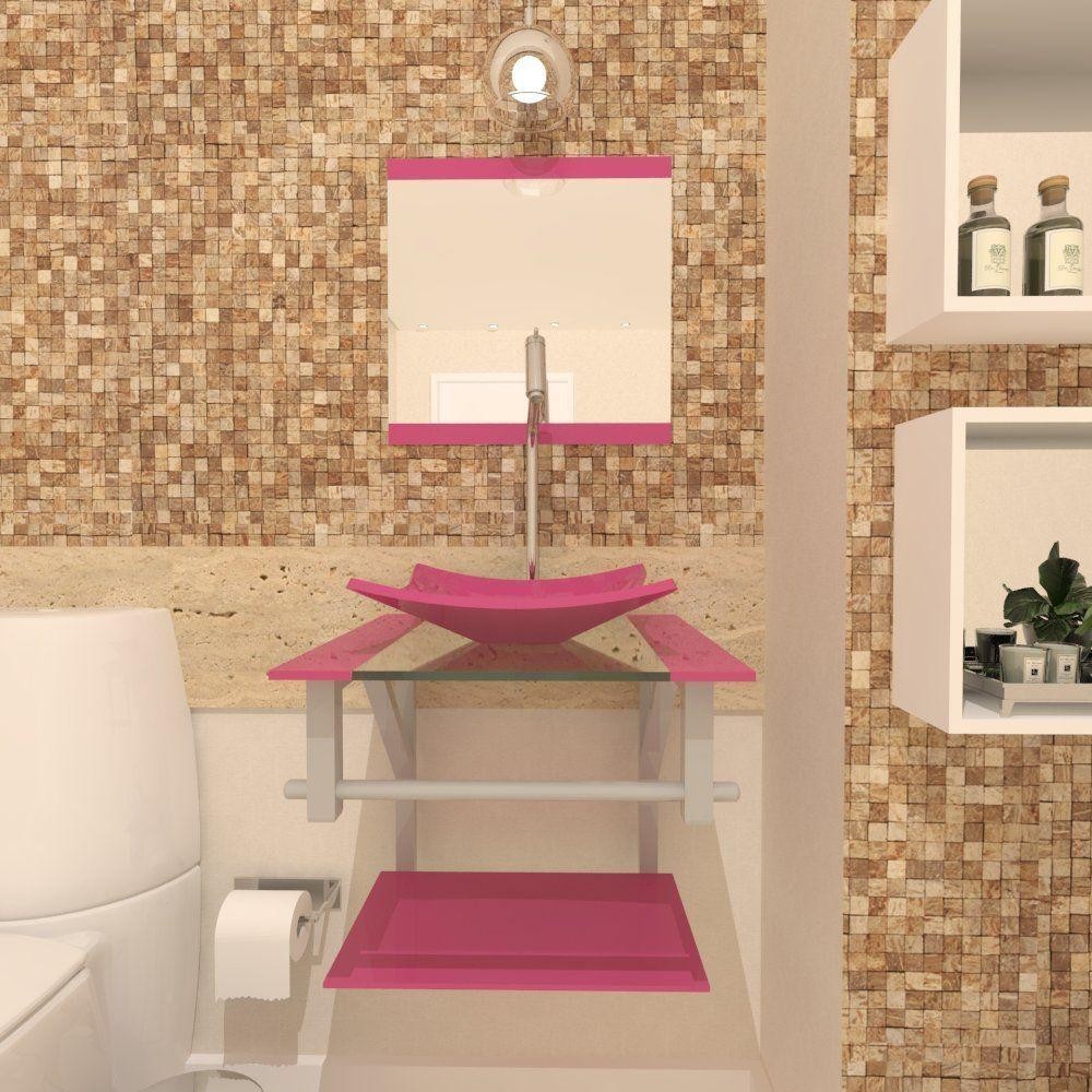 Gabinete de Vidro 40CM AC com Cuba Quadrada Rosa - Home & Living