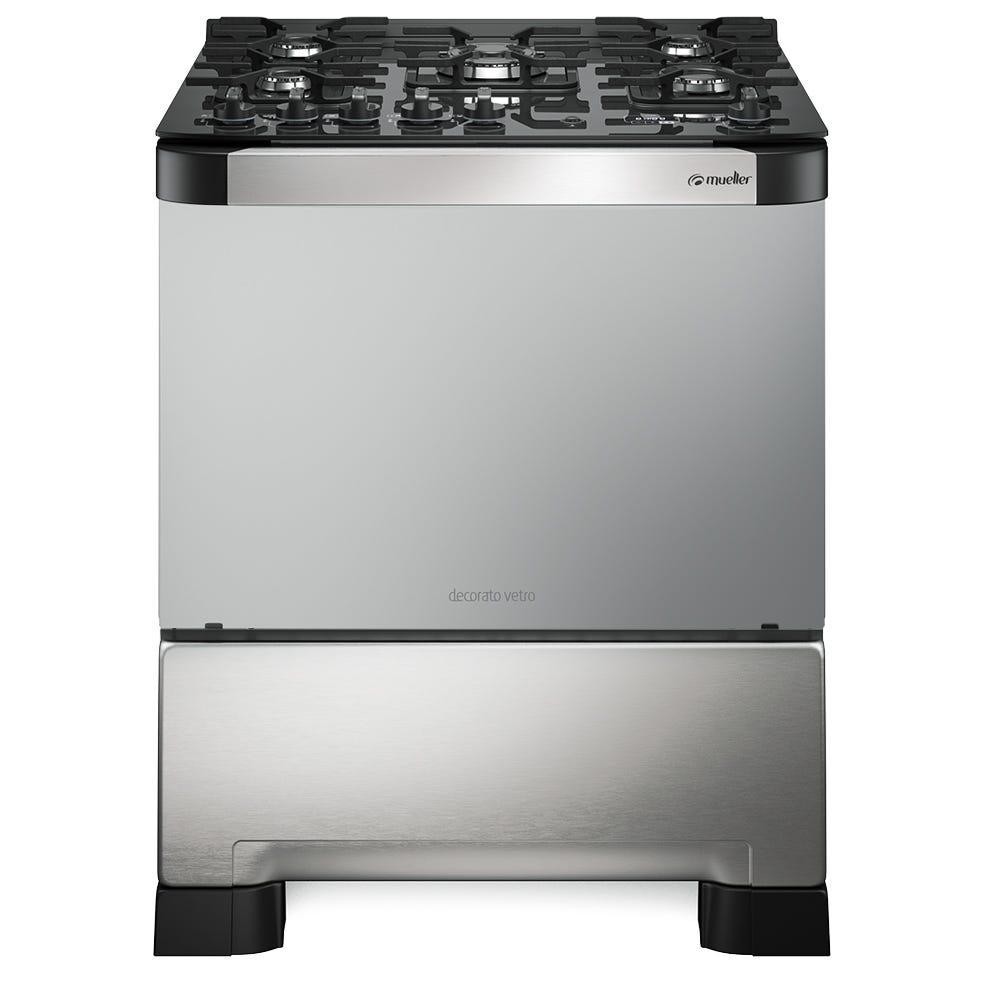 Fogão Mueller 5 bocas Decorato Vetro Inox com mesa de vidro e Timer digital em Oferta na Shopee