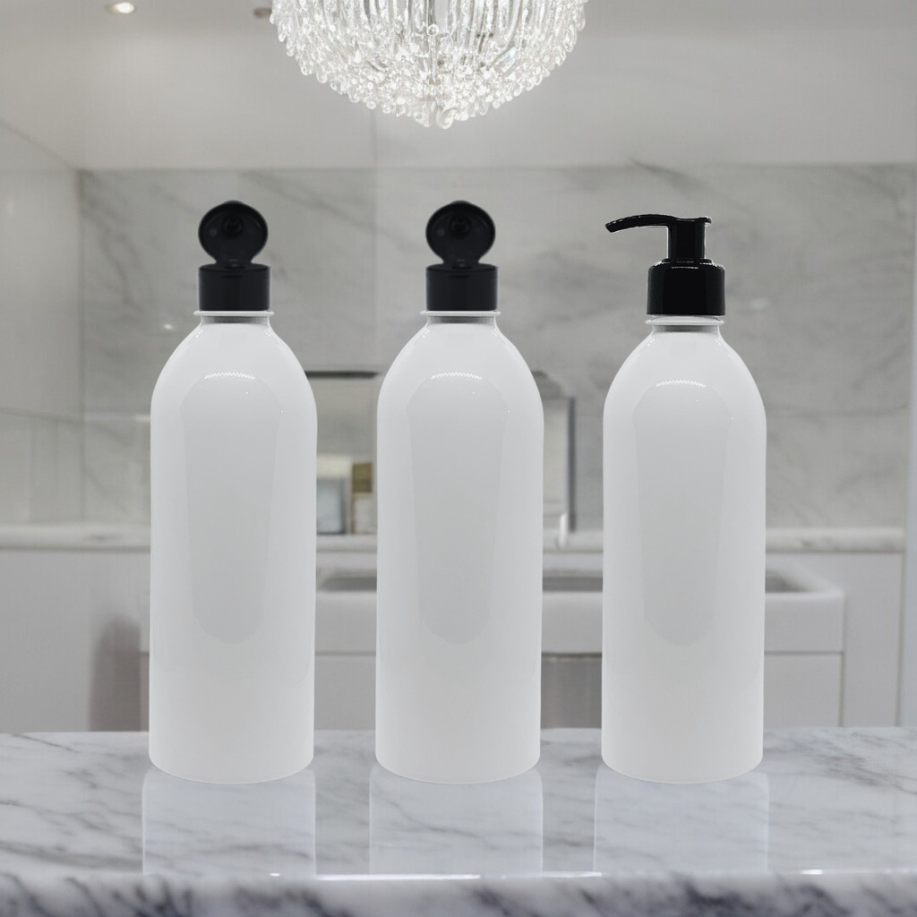Conjunto 3 Frascos Caçula 500ml Branco Para Banheiro - Com Flip Top e Pump Saboneteira