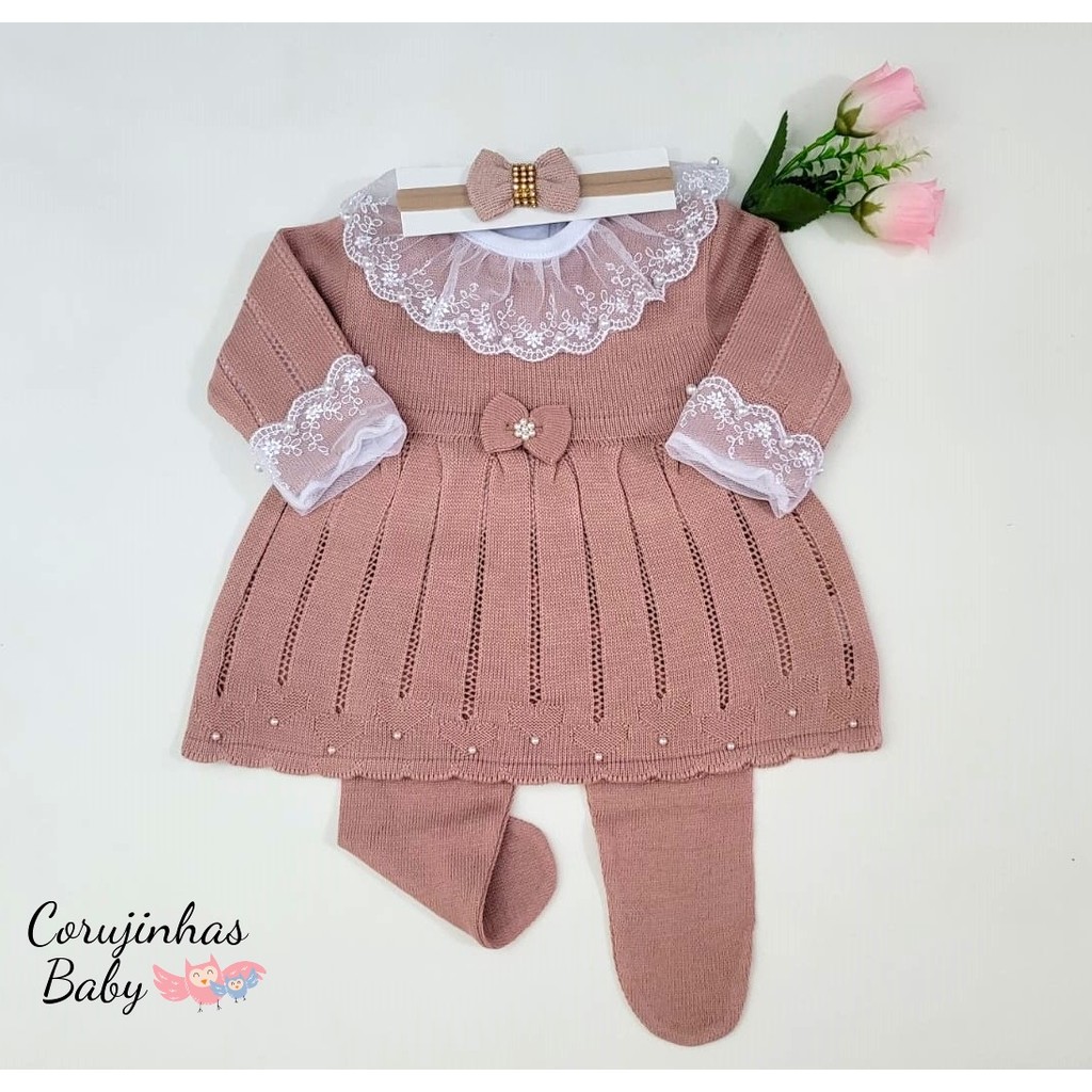 Vestido saída de maternidade rosê lacinho feminina em tricô peças para recém nascido menina