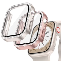 Vidro + Capa De Relógio Para Apple Watch 42mm 46mm 40mm 41mm 45mm 44mm 38mm Bling Caso Diamante Pára-Choques Protetor iw