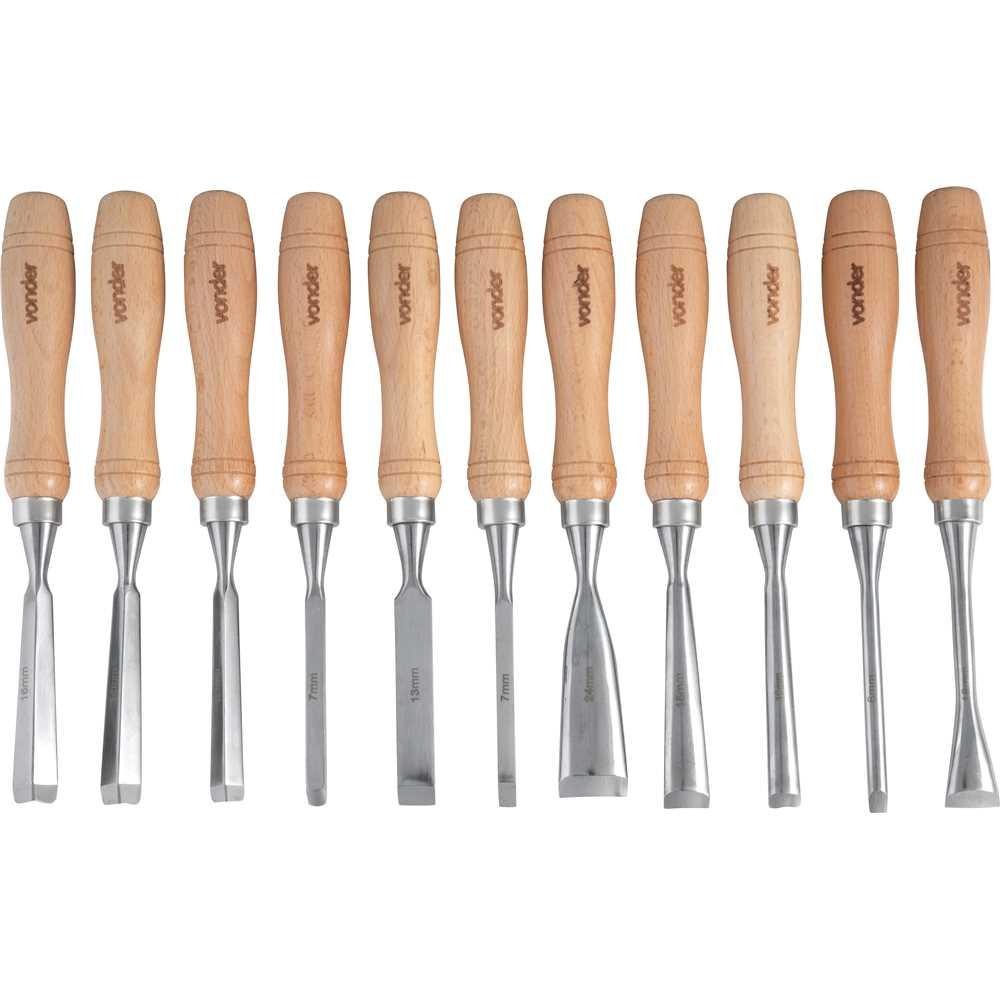 Jogo Formão Para Entalhar Madeira Com 11 peças Cabo Madeira Vonder