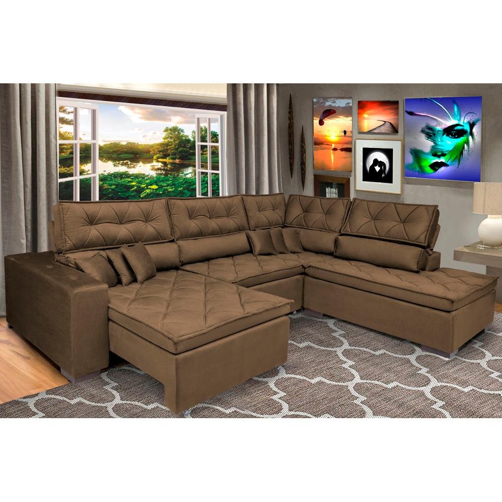 Sofa de Canto Retrátil e Reclinável com Molas Cama inBox Platinum 3,40x2,36 Tecido Suede Café - Home & Living