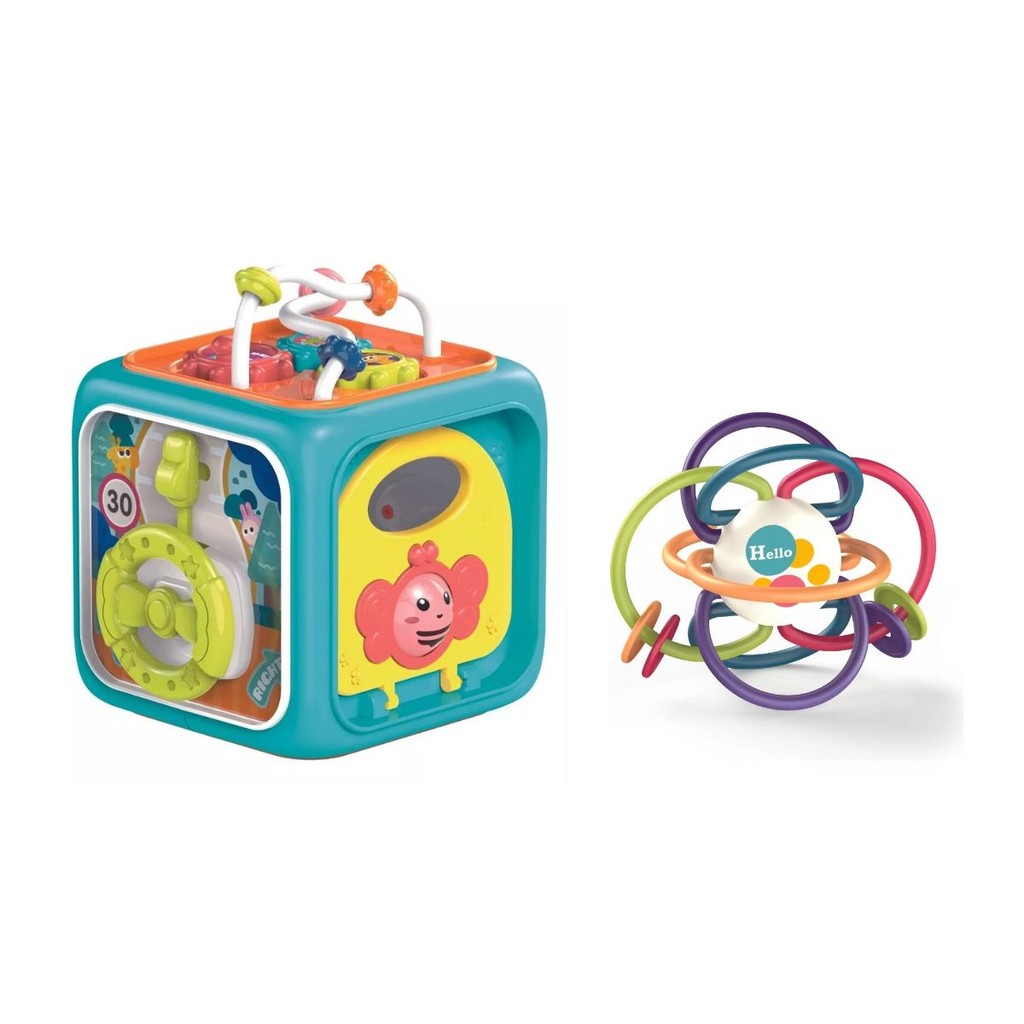 Kit Chocalho Mordedor C/ Cubo de Atividades 6 em 1 Educativo C/ Luzes e Sons Sensorial - Zoop