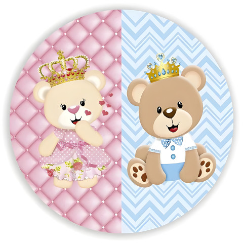 NOVO Painel Festa Infantil Redondo Ursinhos Chá Revelação, Metade Azul Metade Rosa Estilo Estofado + Arco, Suporte incluso. Fazemos personalizado com qualquer tema. Confeccionado em Lona fosca, impressão de alta resolução. cenário , p/ Decoração