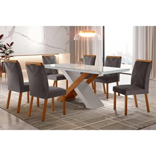 Sala de Jantar Completa Imperatriz Tampo Madeirado c/ Vidro Curvo 180x90 e 6 Cadeiras Amsterdã Imbuia/Veludo Grafite - Rufato em Oferta na Shopee