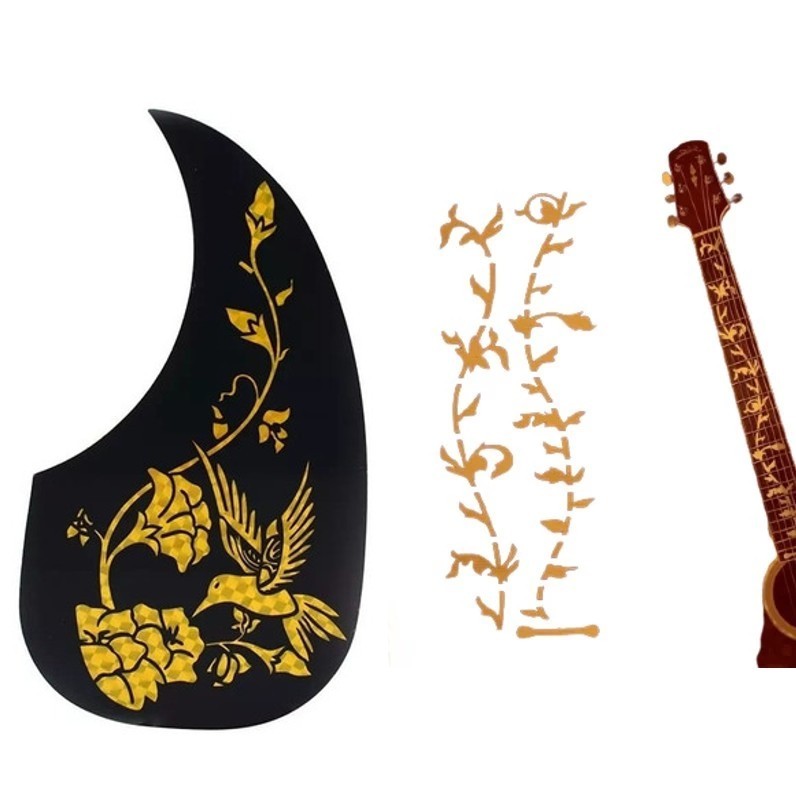 Adesivo Marcador De Escala Steve Vai Floral Dourado Guitarra + Escudo Gota Beija Flor Dourado