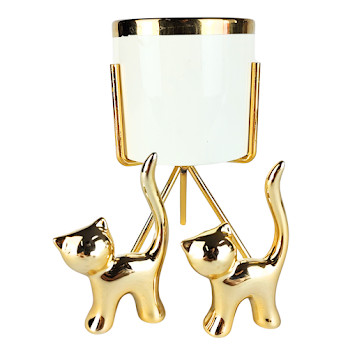 Vaso Decorativo Cachepô de Ceramica com Suporte Dourado  Suculenta+ Objeto Decorativo