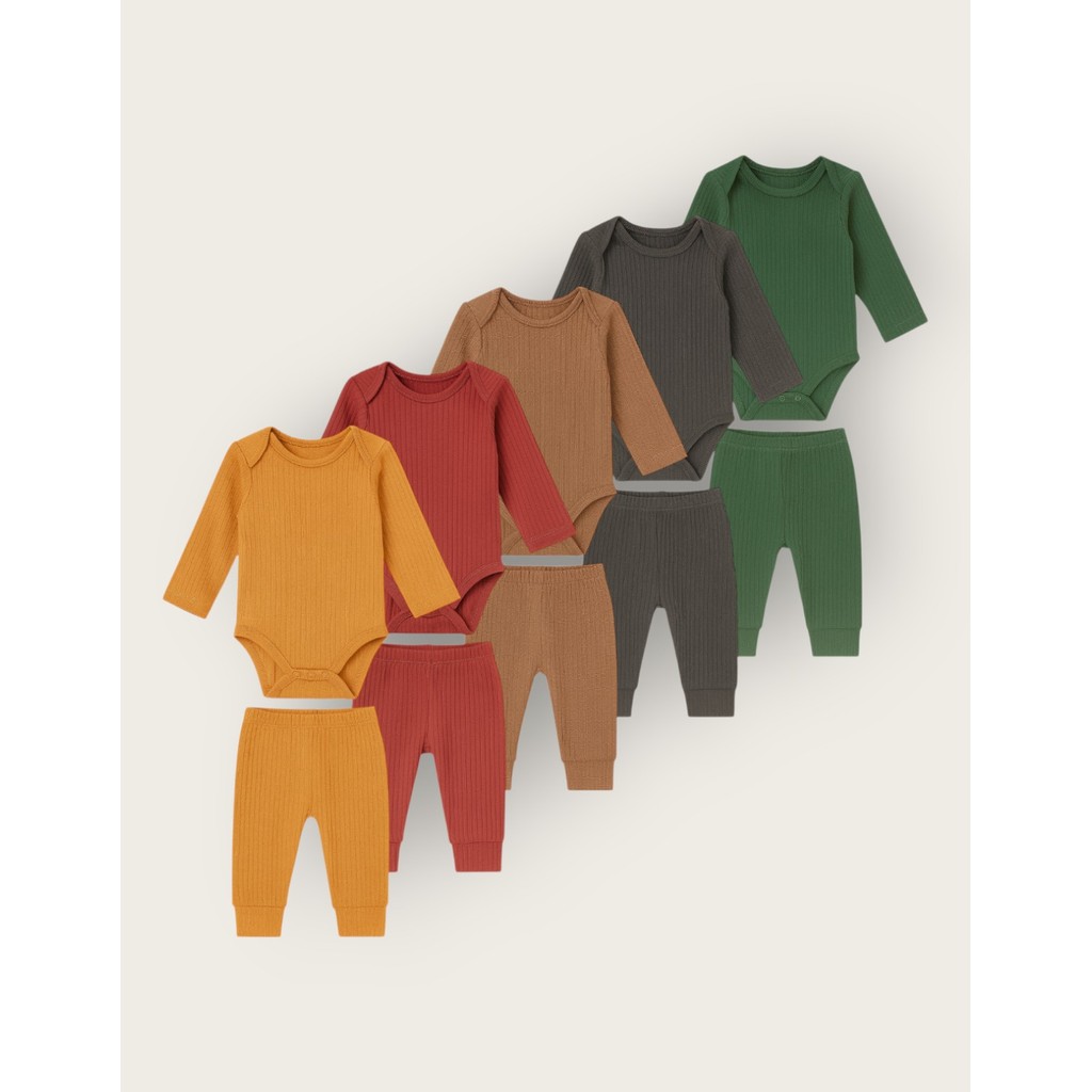 Combo 5 Conjuntinhos Canelados Menino Bebê Com Body E Calça Malha Ribana Primeira Roupa Básica