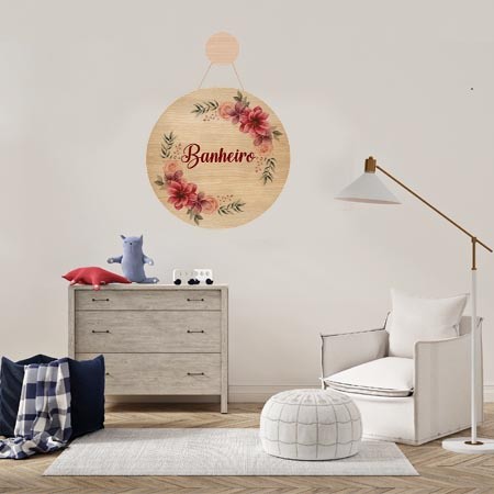 Placa de porta redonda MDF Banheiro floral