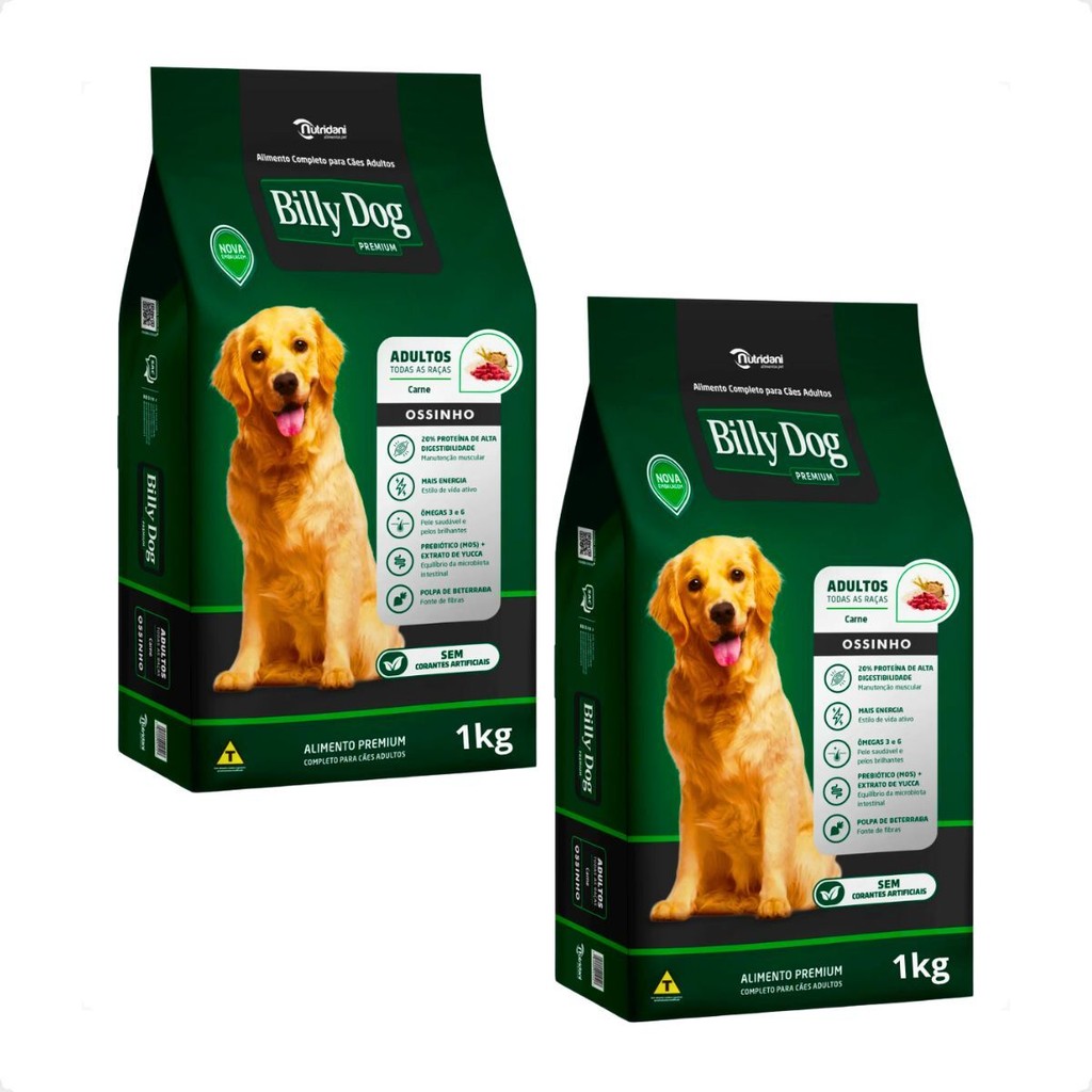 Kit 2 Ração Billy Dog Cães Adultos Ossinho Carne - 1Kg em Oferta na Shopee